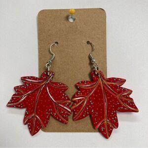 Hand-Painted Earrings Wooden Red Maple Leaf for Fall Halloween Thanksgiving New